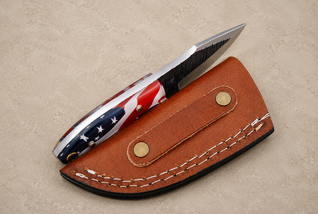 Patriot Forge Hand Forged High Carbon Steel Utility Knife with American Flag Handle & Leather Sheath