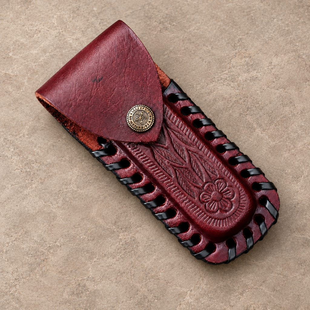 Stag Ridge Horizontal Leather Sheath – Hand-Engraved Fixed Blade Belt Cover