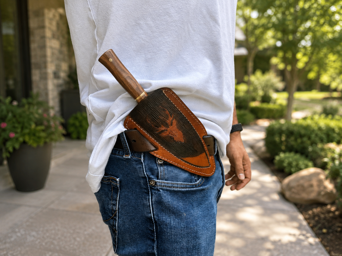 Stag Ridge Horizontal Leather Sheath – Hand-Engraved Fixed Blade Belt Cover
