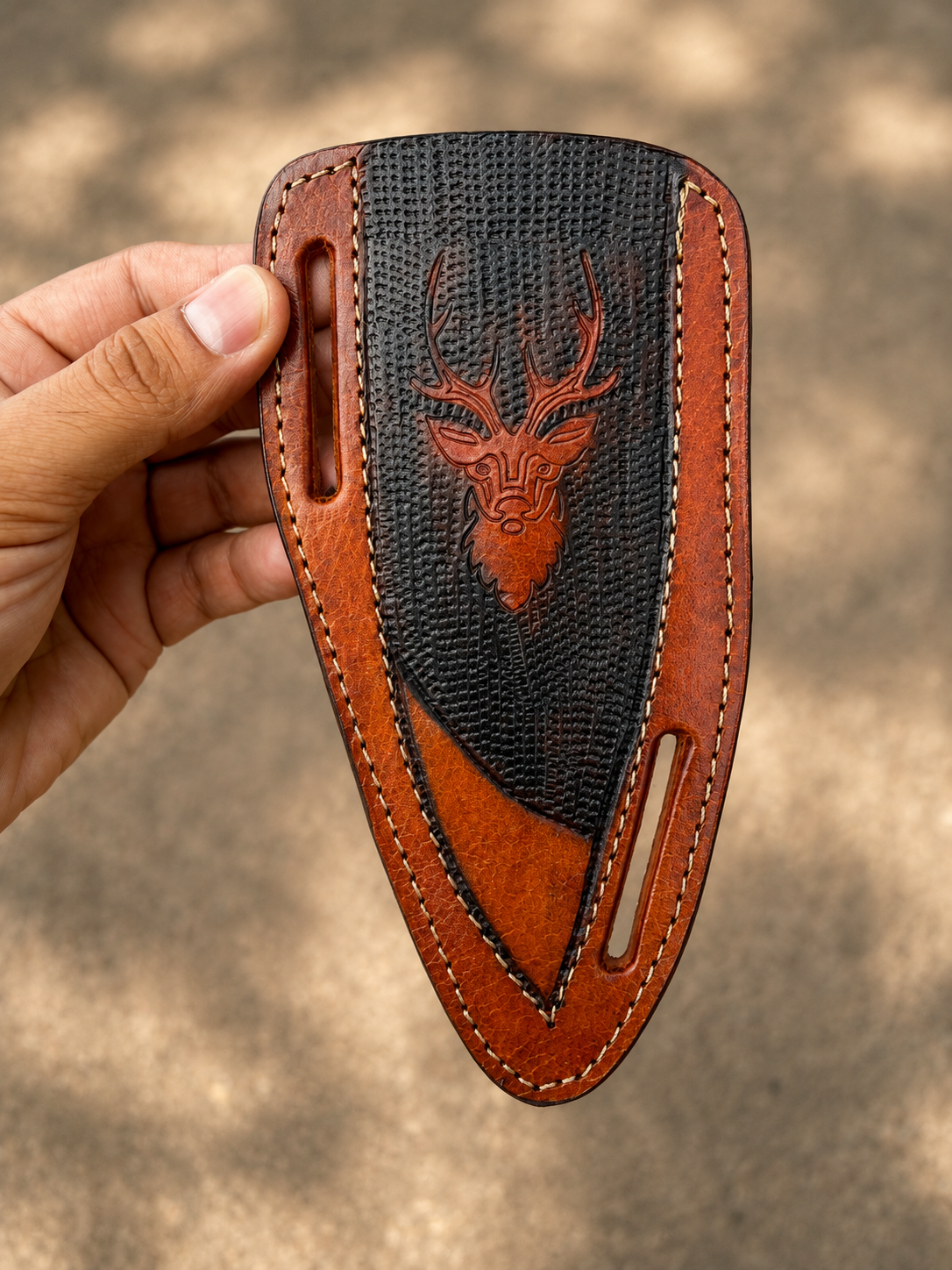 Stag Ridge Horizontal Leather Sheath – Hand-Engraved Fixed Blade Belt Cover